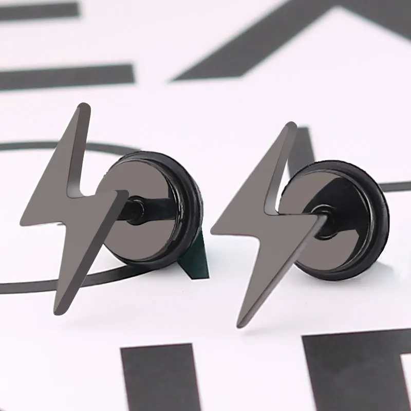 Punk Titanium Lightning Stud Earrings For Men Stainless Steel Round Cake Black Earrings Screw Piercing Jewelry Party Gift Z250408