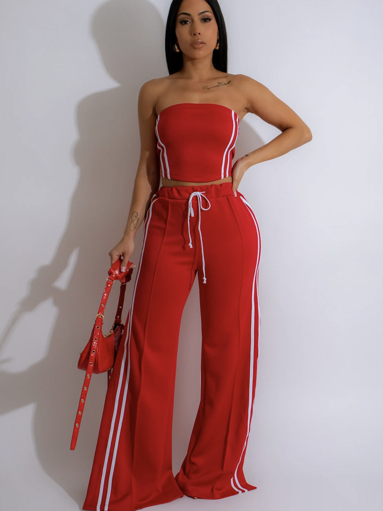 2025S Designer Women S Set Summer New Solid Color Stripe Short Fit Sexy Strapless Strap Wide Leg Pants Set