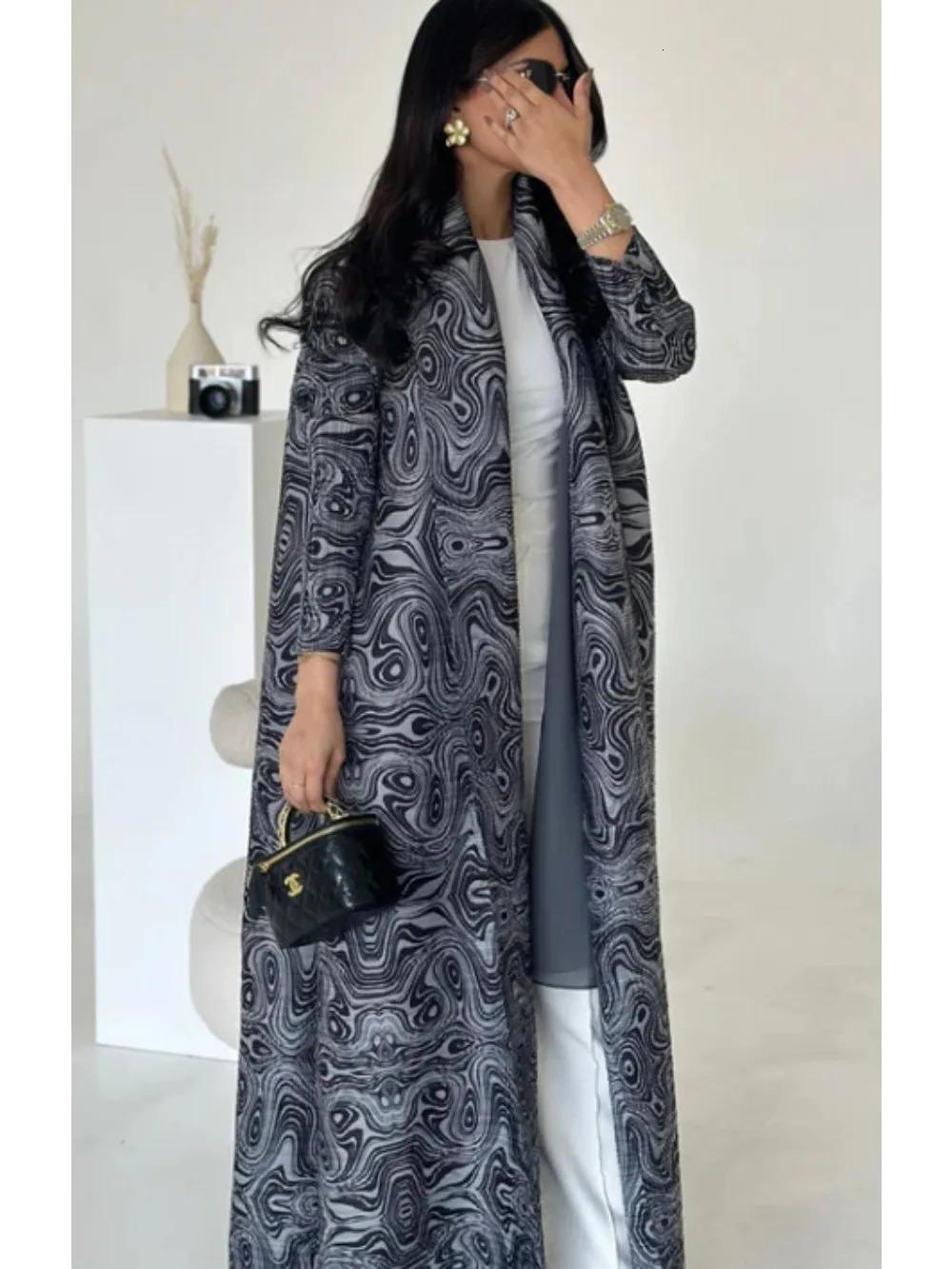 Muslim pleated Abaya elastic open dress Eid al Fitr womens Maxi Caftan cardigan wool sweater printed in Dubai Kaftan Islam Vestidos Jalabiya 250409