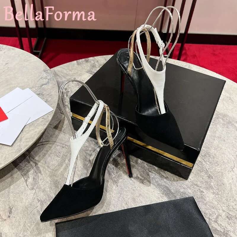 Women's T-Strap Suede Pointed High Heels Color Matching Stilettos Elegant Banquet Party Dress Sexy Fish Mouth Sgback Sandals