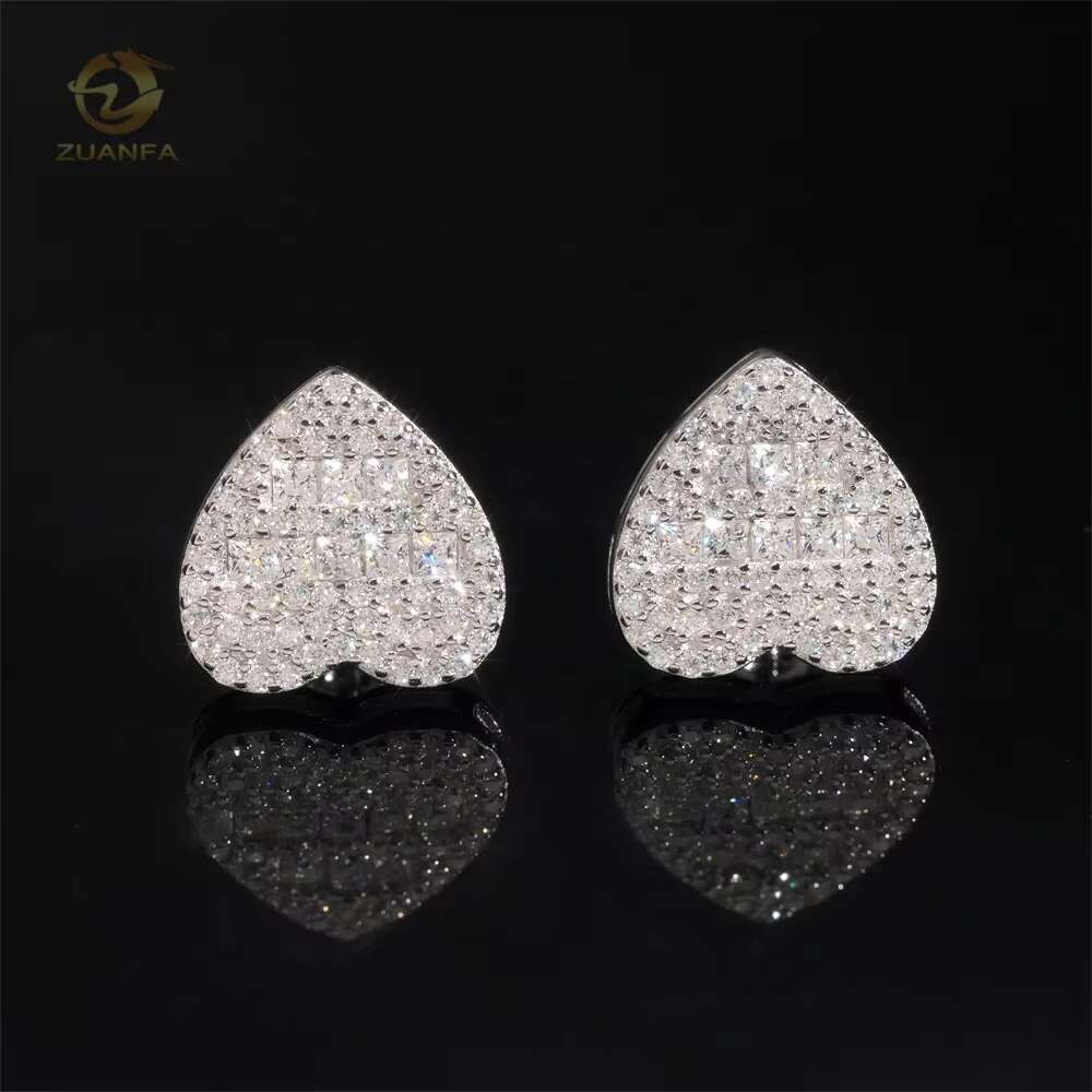 Hot Selling Popular Iced Out Hip Hop 925 Sterling Silver Moissanite Diamond Love Heart Stud Earrings
