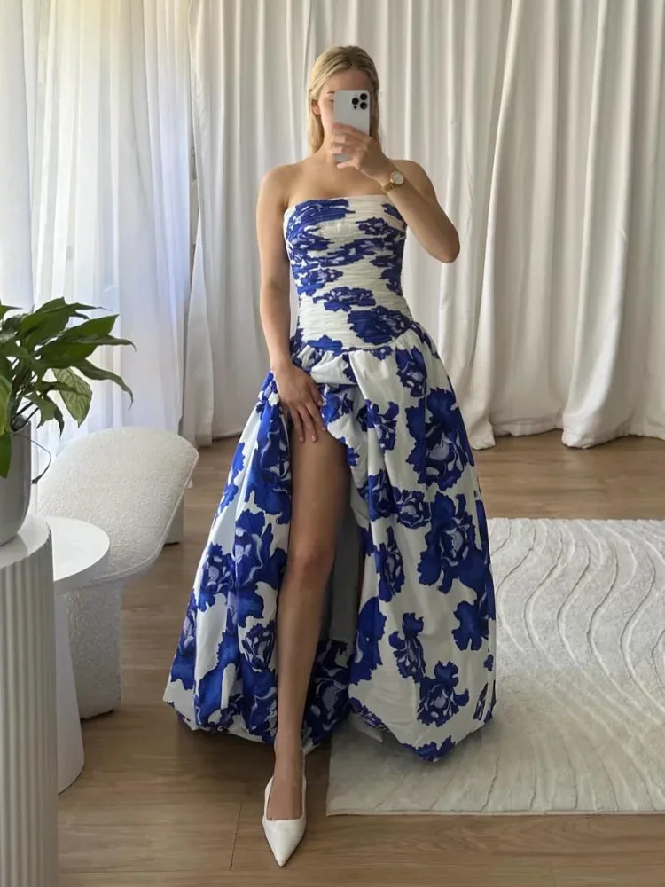 Womens blue printed pleated high waisted Aline dress sexy strapless backless long elegant evening gown 250409