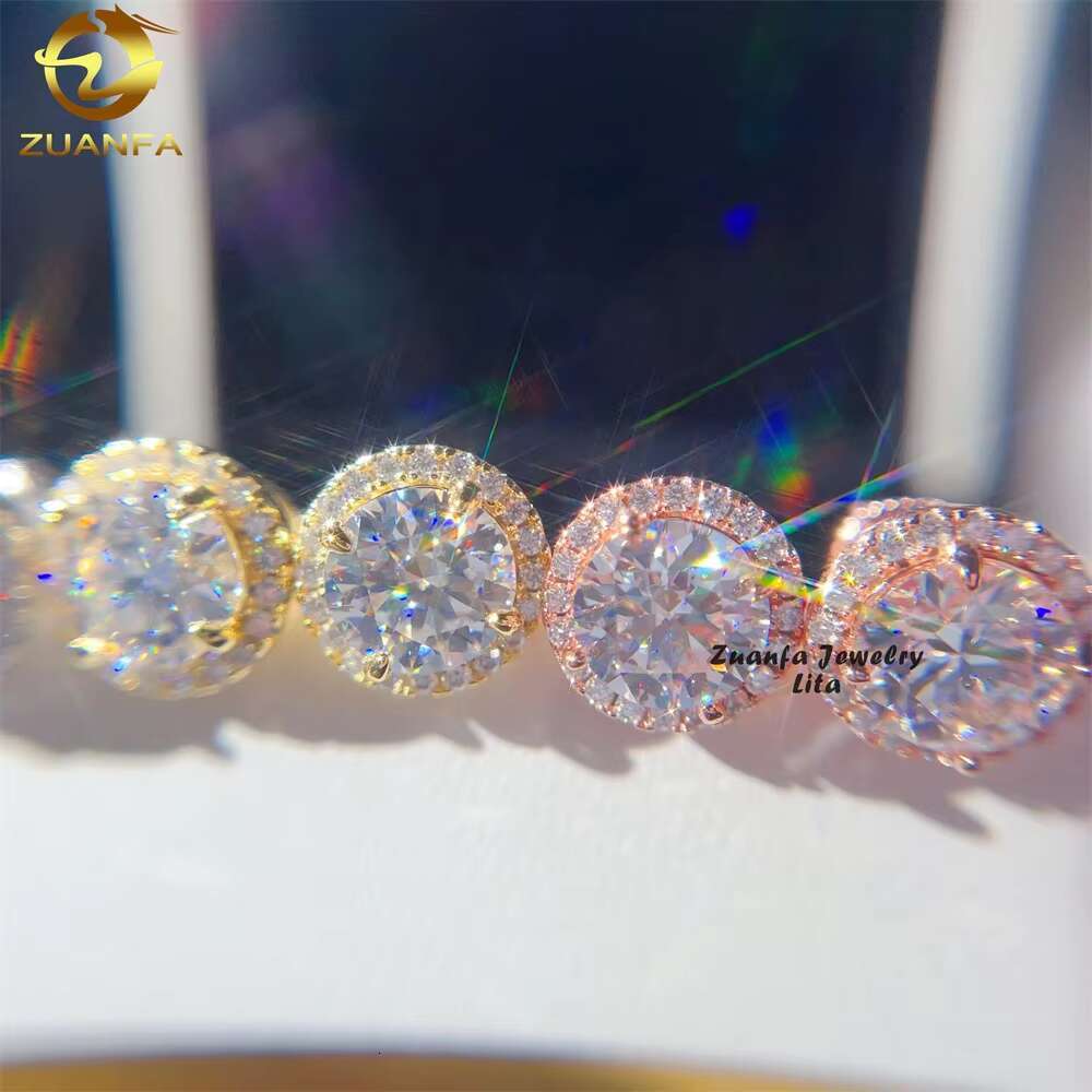 Luxury Hip Hop Big 8mm Center Stone Gold Plated 925 Sterling Silver Moissanite Diamond Earrings