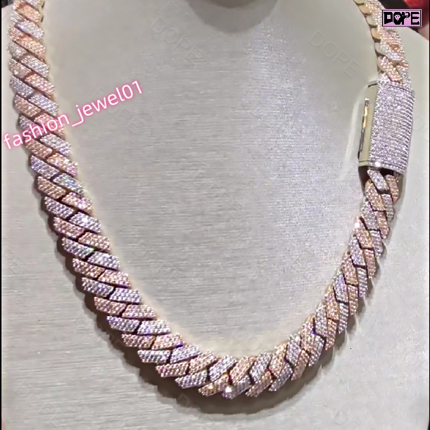 Luxury 15mm Moissanite Cuban Chain Iced Out 925 Silver 3 Rows Two Tone Moissanite Cuban Link Chain