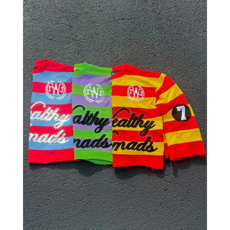 Harajuku letter y striped color block Oneck long sleeved Tshirt mens hiphop gothic punk skateboard top 250409