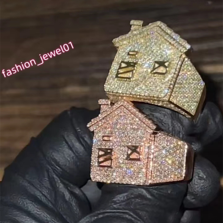 Custom VVS Moissanite Cuban Ring Fine Jewelry S925 Sterling Silver Gold Plated Men Ring Trap House Moissanite Diamond Ring