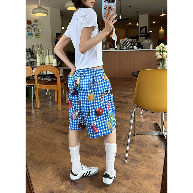 2025S Designer Shorts For Women American Shorts Summer New Item Niche Blue Checkered Fruit Women S Trendy Brand Beach Five Quarter Pants Beach Pants