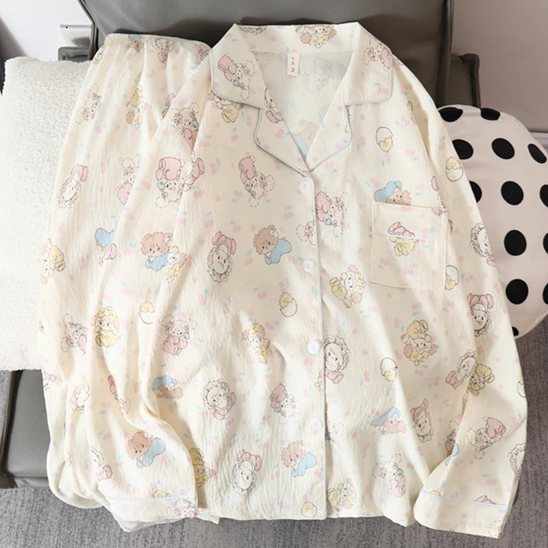 Korean Cute Cartoon Cat Printed Womens Pajamas Kawaii Casual Full Set Autumn Vneck Pajama 250409