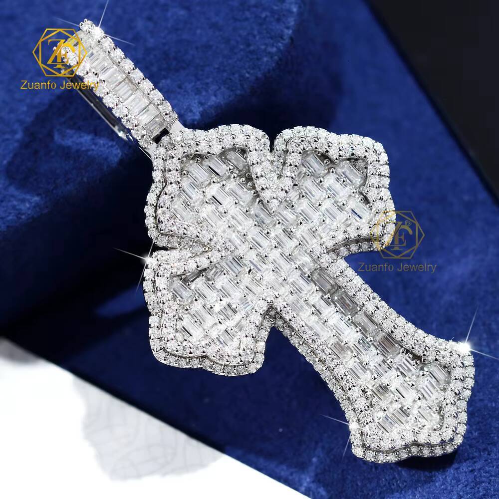 Custom Moissanite Cross Pendant White Gold Plated 925 Sterling Silver Baguette Diamonds Ice Out Hiphop Men Pendant
