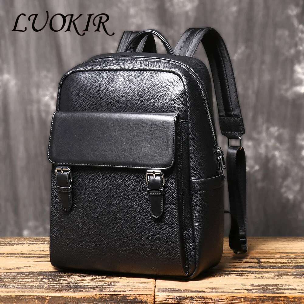 Women's Bags LUOKIR New Unisex Genuine Leather Backpack for Travel, Large Capacity Business Commuter Laptop Bag with Trolley Sleeve