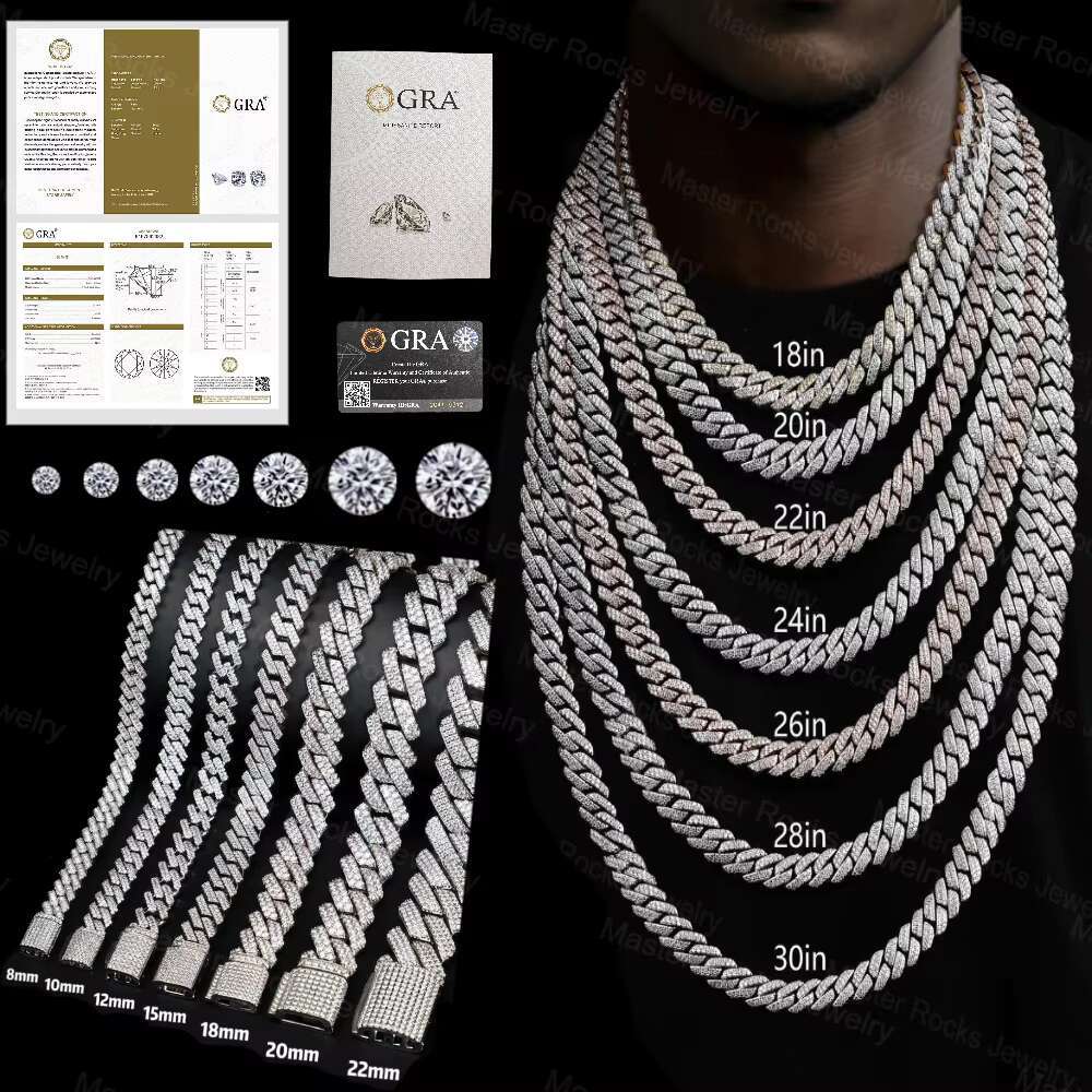 Iced Out Cuban Chain 10mm Hiphop 925 Sterling Silver Sparkling Pass Diamond Test Moissanite Cuban Link Chain