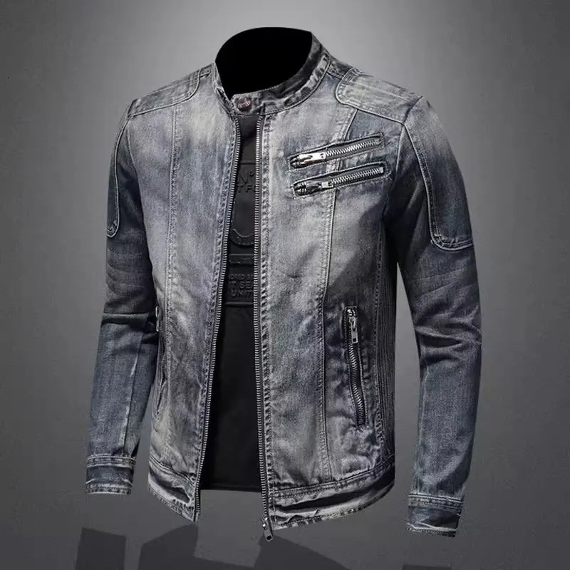 Mens denim jacket zipper ultrathin casual solid collar full set of regular winter 250409
