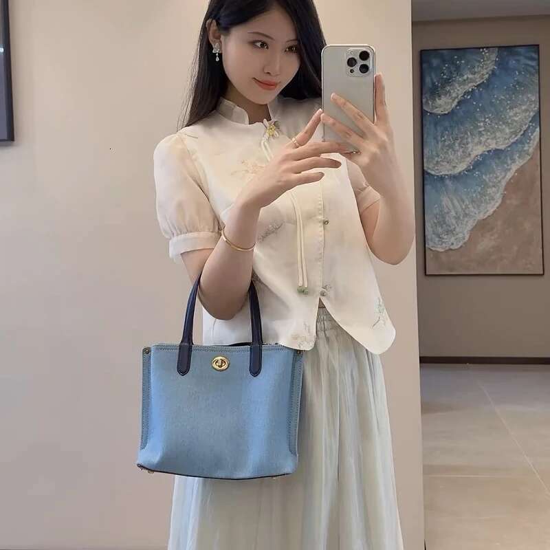 England Style Denim Small Tote Bags For Women Designer Handbags Purses 2024 New In Vintage Lock Top Handle Cloth Shoulder