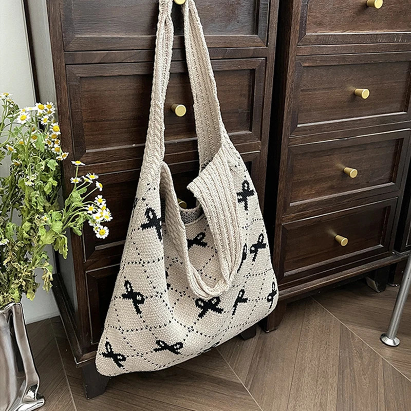 Butterfly knot knitted womens bag ecofriendly Korean folding shopping Y2K crochet rope shoulder Sweet handbag Ins 250408