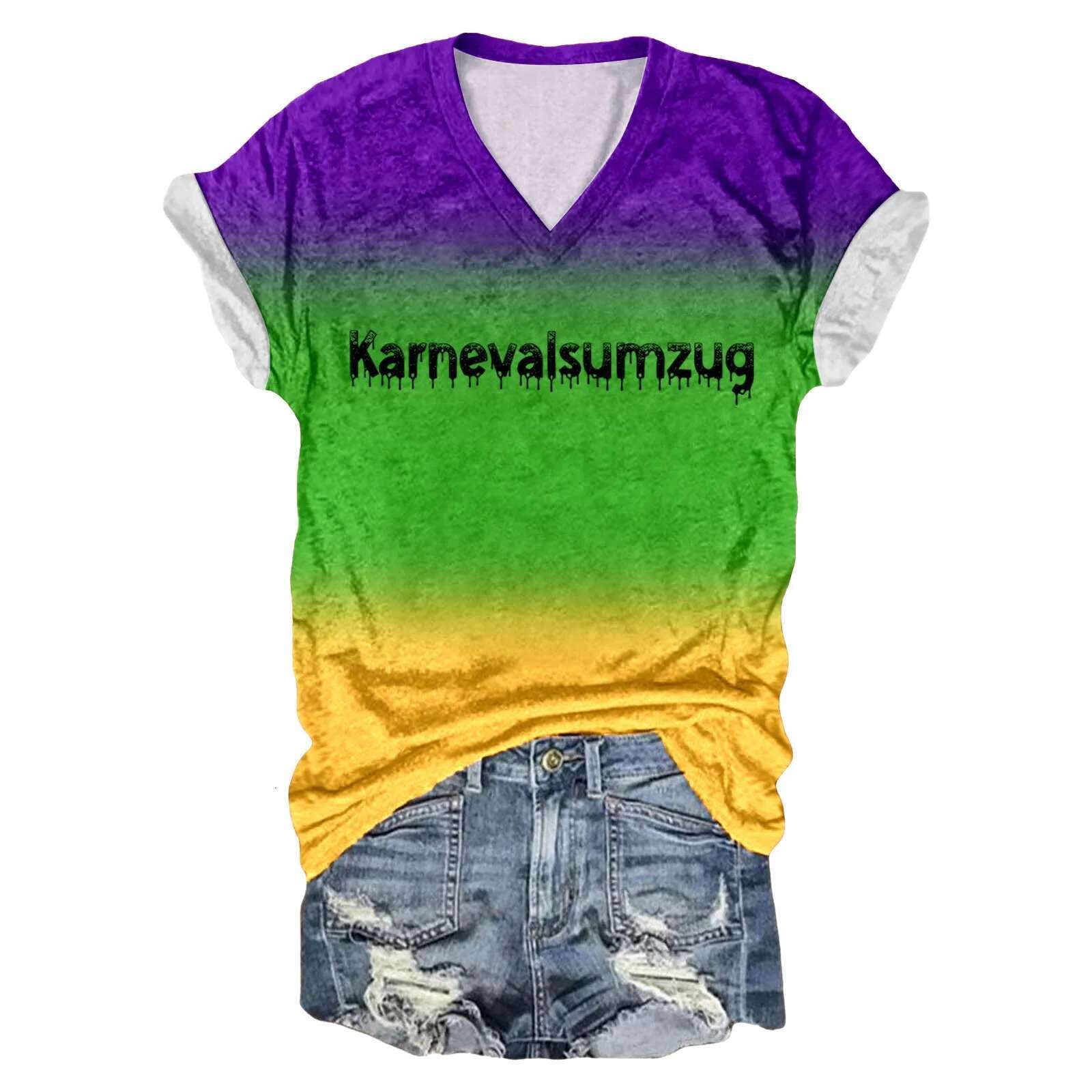 Dongdumaoyi New Tshirts Mardi Gras Carnival Purple Green Multi Color Women S V Neck Printed T Shirt Gradient Color Shirts For