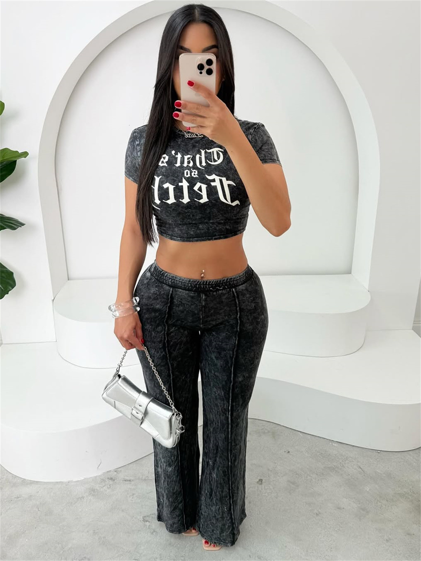 2025S Designer Women S Set New High Hiphop Solid Color Street Printed Short Sleeved Top Straight Pants Set For Women