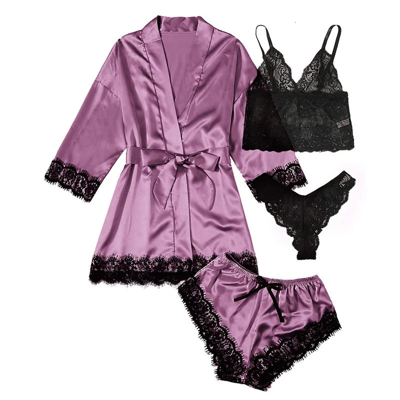 Womens summer sexy sleepwear set 4 pieces of lace satin silk fashionable and comfortable 250409