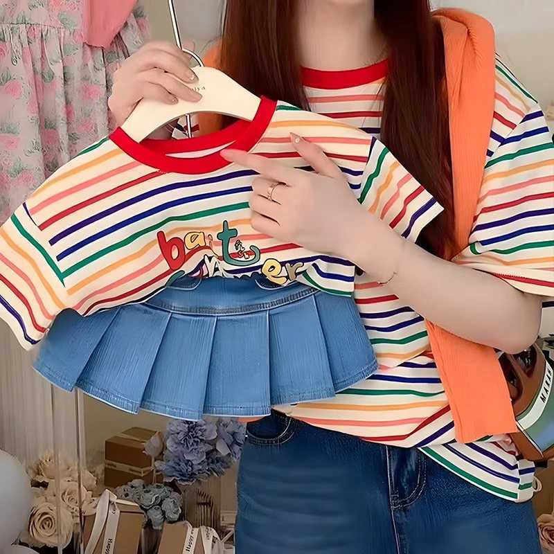 Summer Parent Child Clothing New Short Sleeve Rainbow Stripe T-shirt Series Fashionable Family Top Boys and Girls Clothing S2548