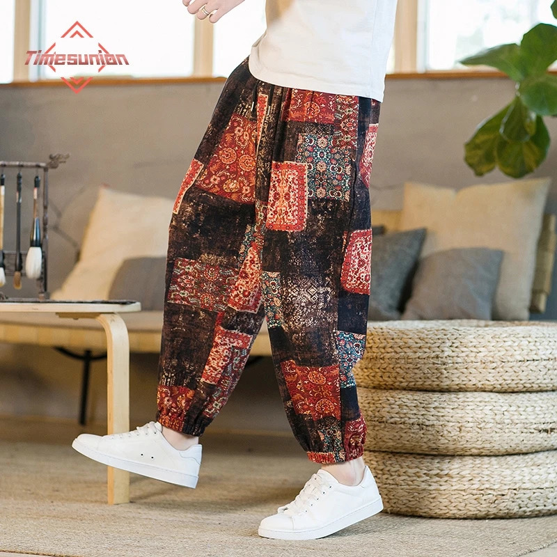 Men Harem Pants Joggers Printed Drawstring Drop-Crotch Trousers Men 2025 Summer Loose Streetwear Cotton Linen Casual Pants 250408