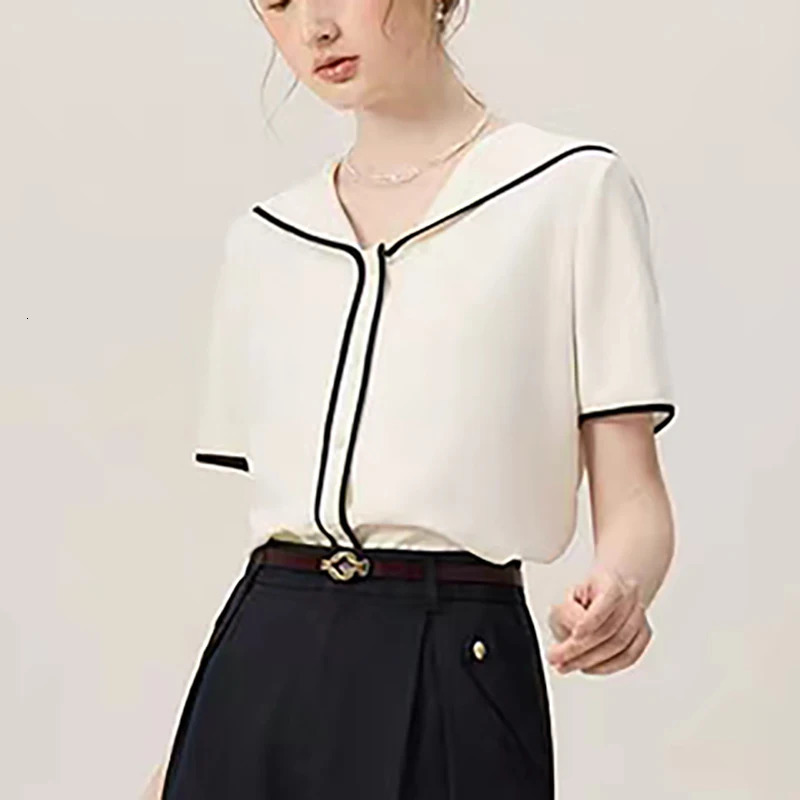 Summer Fashion Short Sleeve Sailor Neck Womens Shirt Solid Casual Top Camisas De Mujer Blusas N489 250409