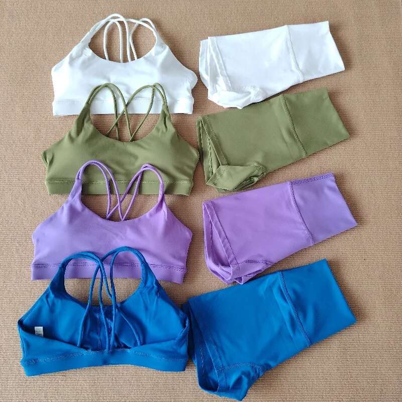 Women Gym Suit Yoga Clothes Shorts Leggings+ Bra 2-Piece Set Running Exercise Fiess Sportswear High Waist Cross Beautiful Back