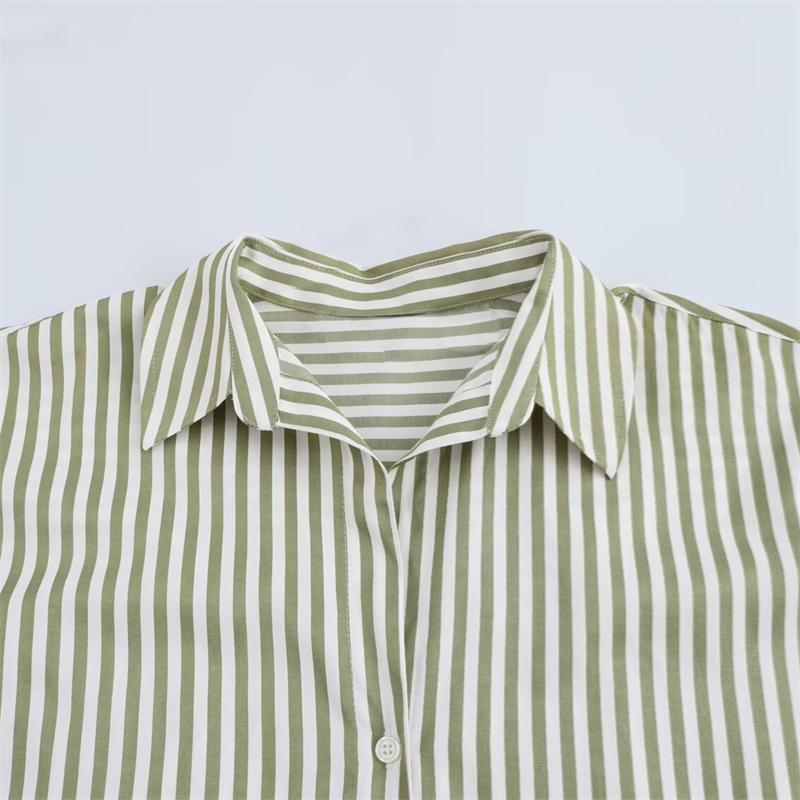2025 Spring/Summer New Product Women's Fashion Stripe Versatile Collar Long Sleeve Shirt Collar Buckle Decoration