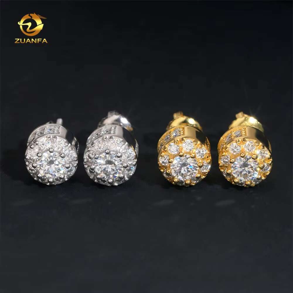 Moissanite Jewelry Halo Design Hip Hop Iced Out Diamond Rhodium Plated 925 Sterling Silver Earrings