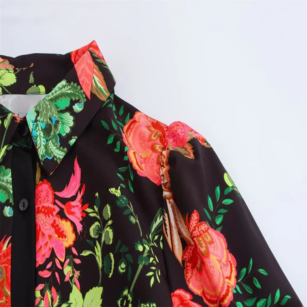 PB ZA Womens Long Sleeve Black Midi Dress with Colorful Floral Printed Waist Belt and Lace Bottom n 250409