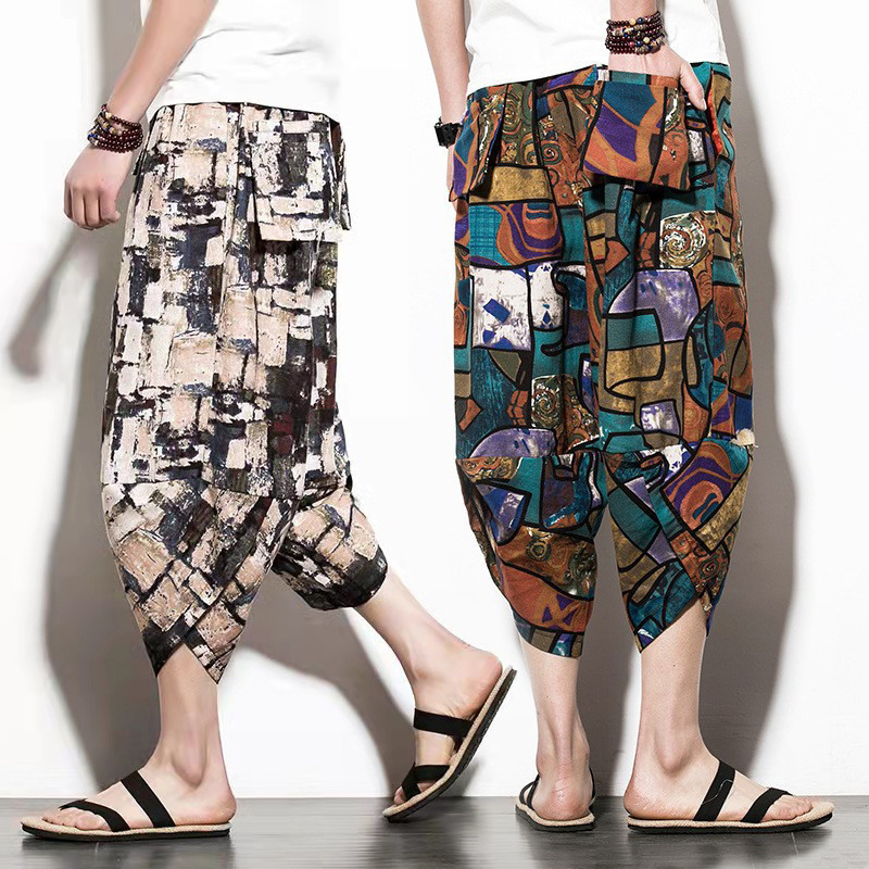 2025 New Designer Men Shorts Summer Men's Casual Capris Lantern Wide Leg Beach Floral Pants Loose Size Chinese Style