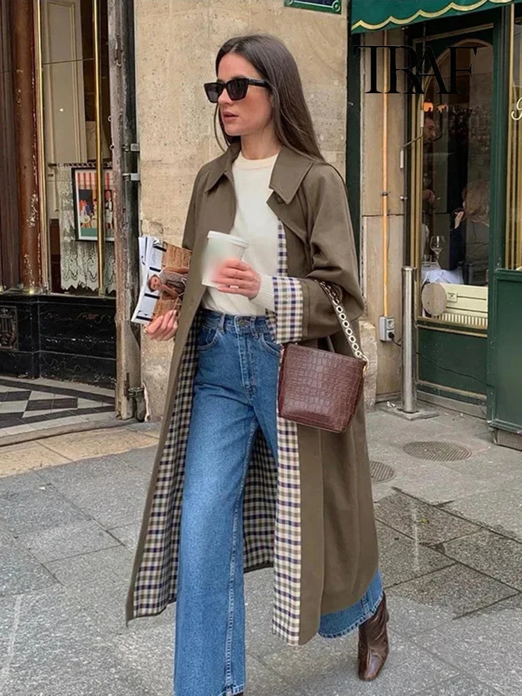 TRAF Womens Fashion Long Trench Coat Retro Loose Single Layer Autumn and Winter Collar High Street Temperature 250409