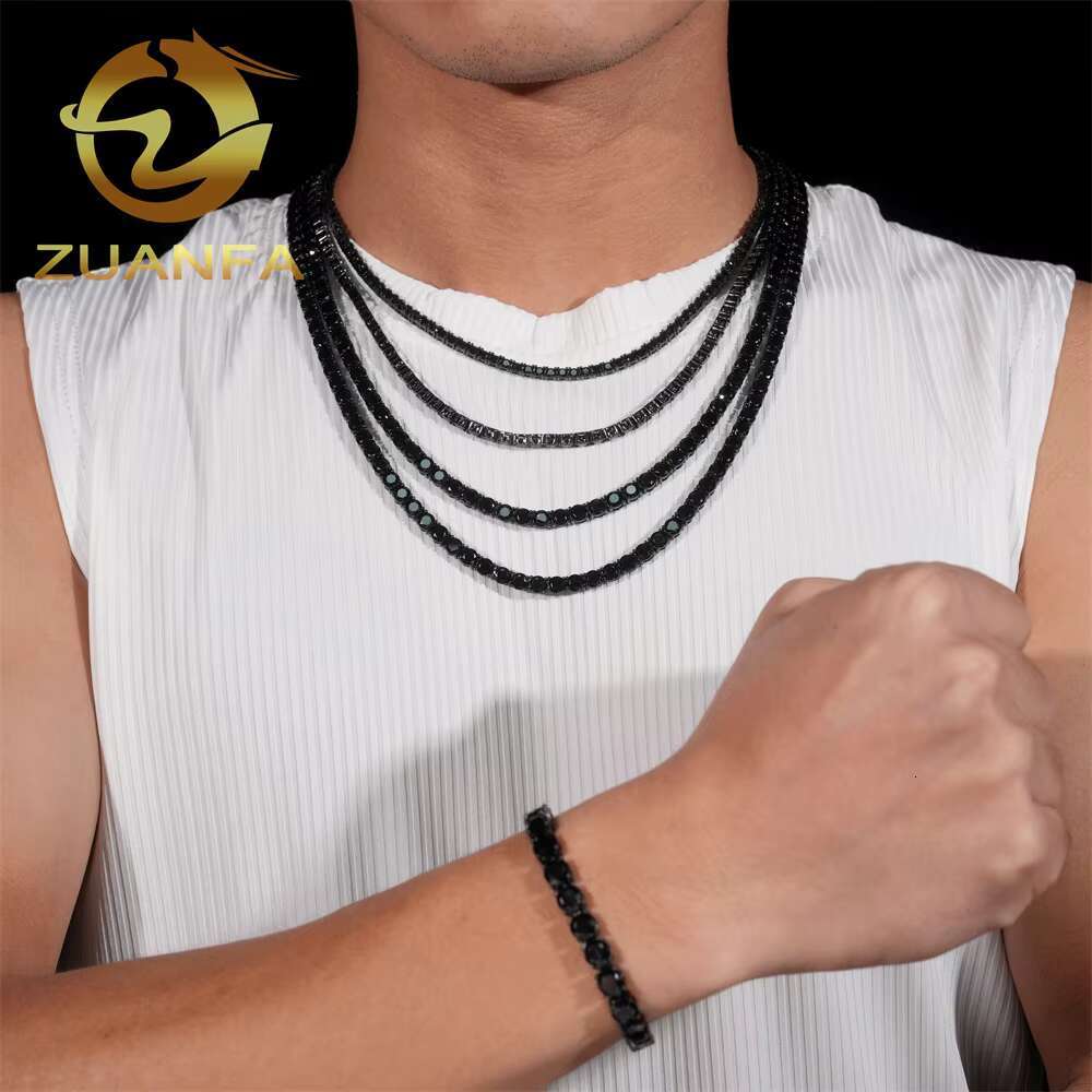 Instock 2mm 3mm 4mm 5mm 6.5mm Black Moissanite Diamond Tennis Necklace VVS 925 Silver Hip Hop Iced Out Tennis Chain