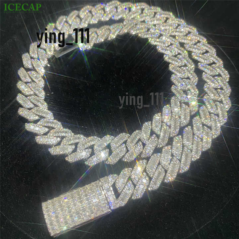 15mm Hip Hop Fine Jewelry Baguette Diamond Men Necklace 925 Sterling Silver Fully VVS Luxury Moissanite Cuban Link Chain
