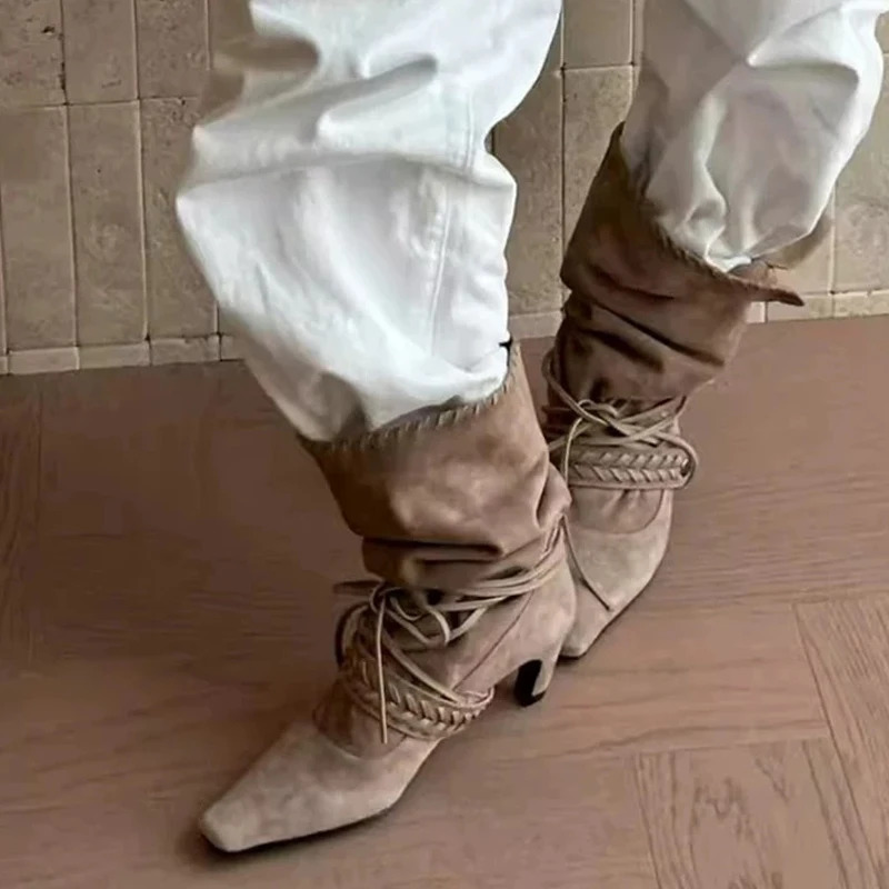 Liyke Autumn Winter Brown Suede Weave Laceup Women Fold Pleated Ankle Boots Fashion Thin Low Heels Chelsea Western Ladies Shoes 251103