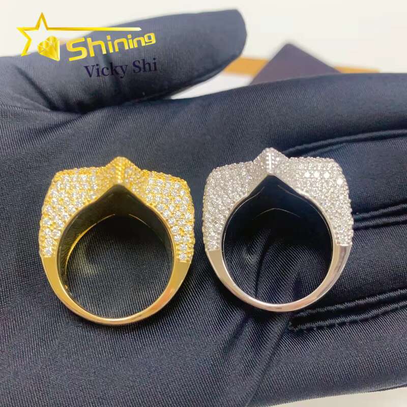 GRA Certificated Hip Hop Star Diamond Ring Custom Solid Back Men 925 Sterling Silver Gold Plated Moissanite Ring