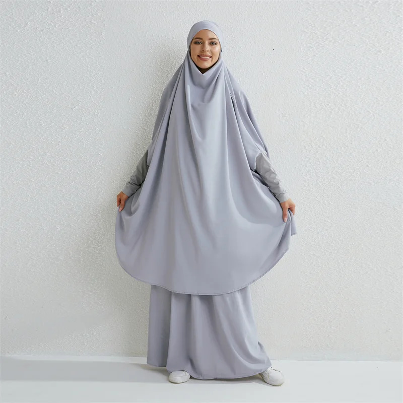 Muslim Set Two Piece Prayer Dress Long Hooded Smoking Sleeve Headscarf Loose Skirt Elastic Waist Womens Abaya 250409