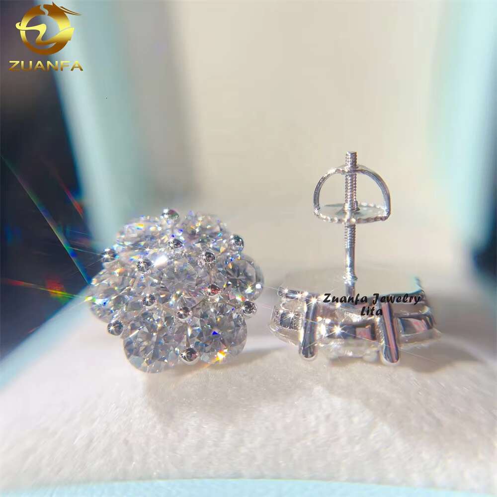 Fashion Jewelry Bling Hip Hop 15mm 925 Sterling Silver Luxury Moissanite Flower Earrings