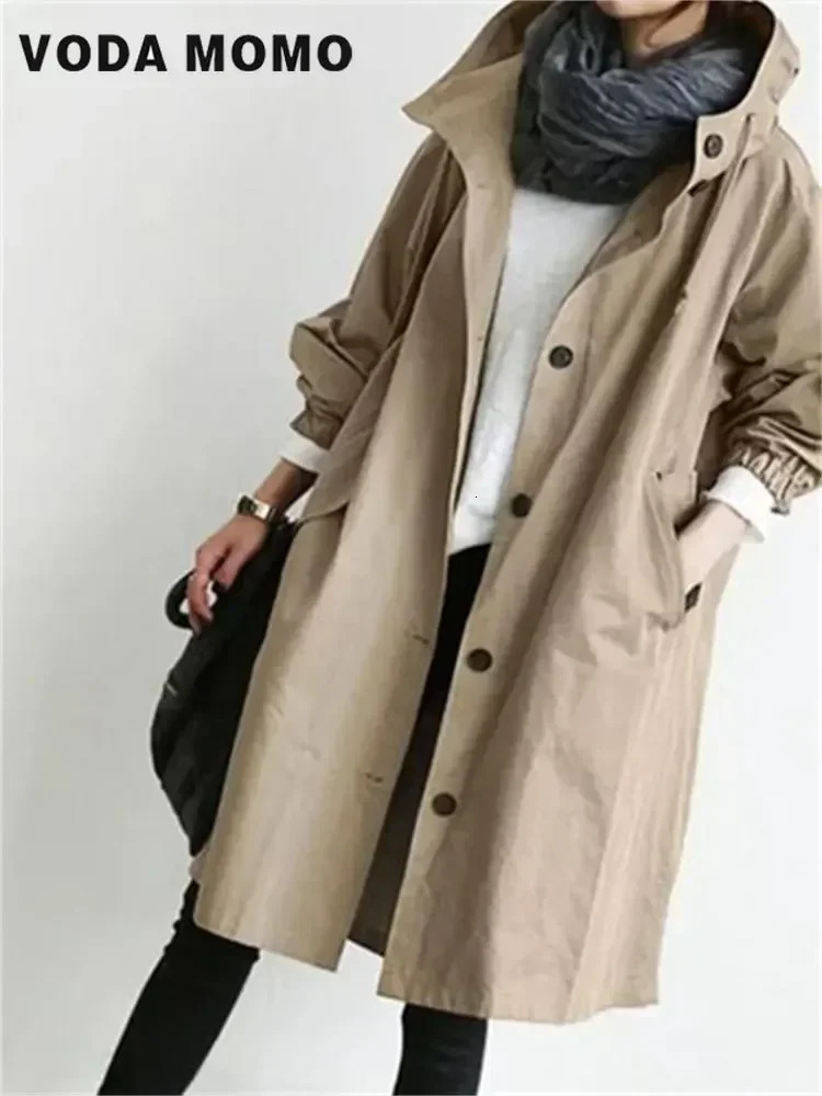 SpringSummer Casual Korean Fashion Hooded Medium length Coat Loose Windproof Womens Trench Solid Color Pocket 250409