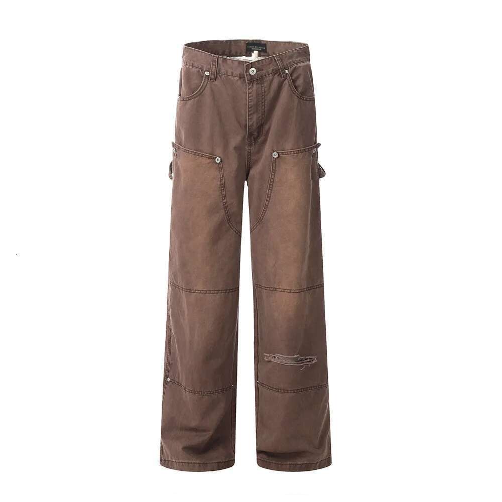 Removable Double Knee Denim Carpenter Pant Mens Retro High Street Straight Wide Leg Washed Distressed Jeans Men