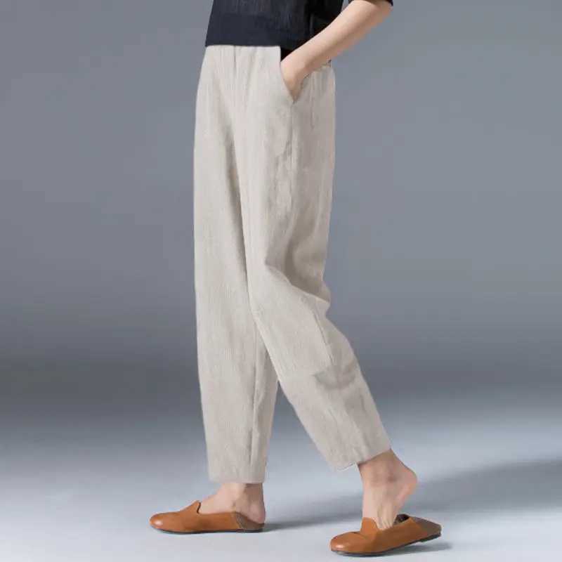 Cotton wide leg pants loose fit solid color harem summer casual elastic waist ankle pants womens clothingXJ250403