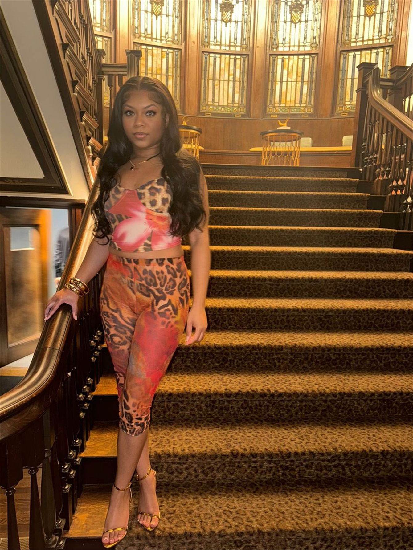 2025S Designer Women S Set New Fashion Sexy Leopard Print Women S High Waist Bareback Split Two Piece Set
