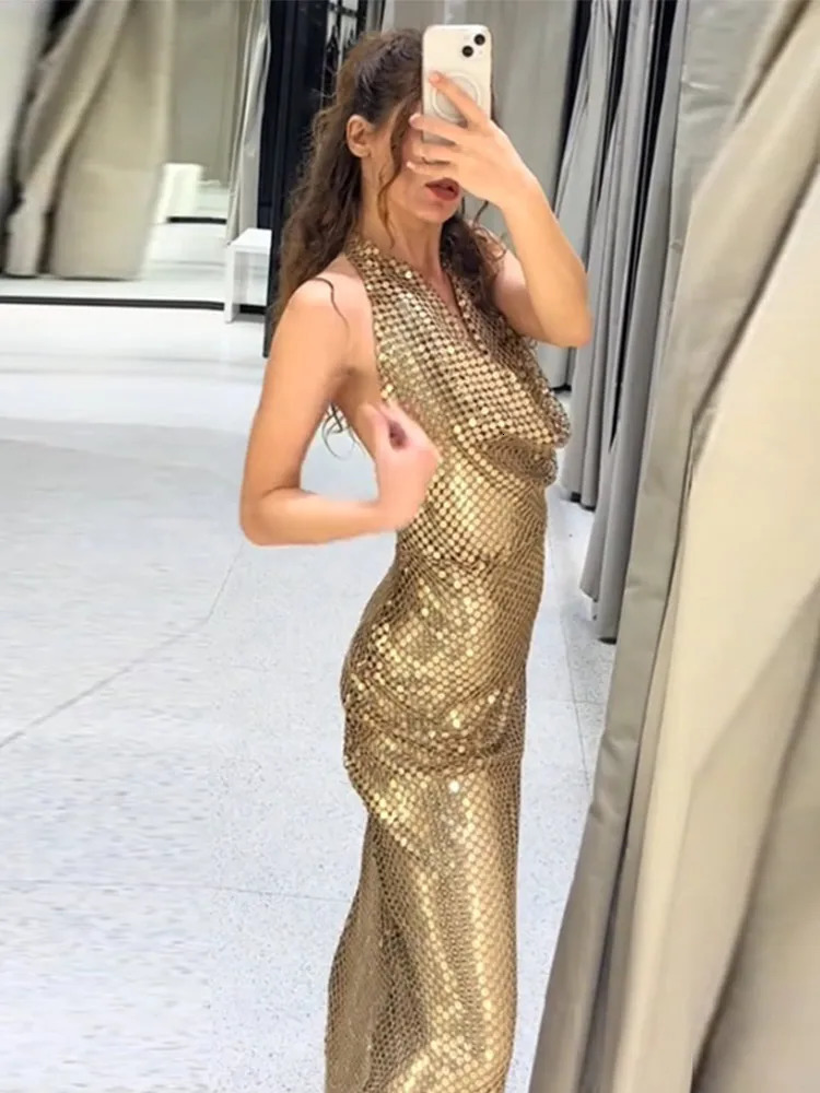 Backless sequined camisole Maxi dress for women sexy Vneck long high waisted party evening club womens sleeveless 250409