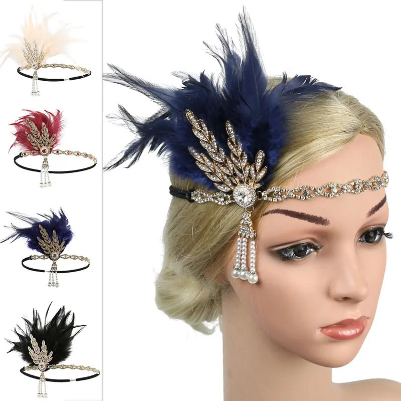 Women Vintage Feather Headband Black Rhinestone Beaded Sequin Hair Band Vintage Headpiece Flapper Feather Headdress 250409
