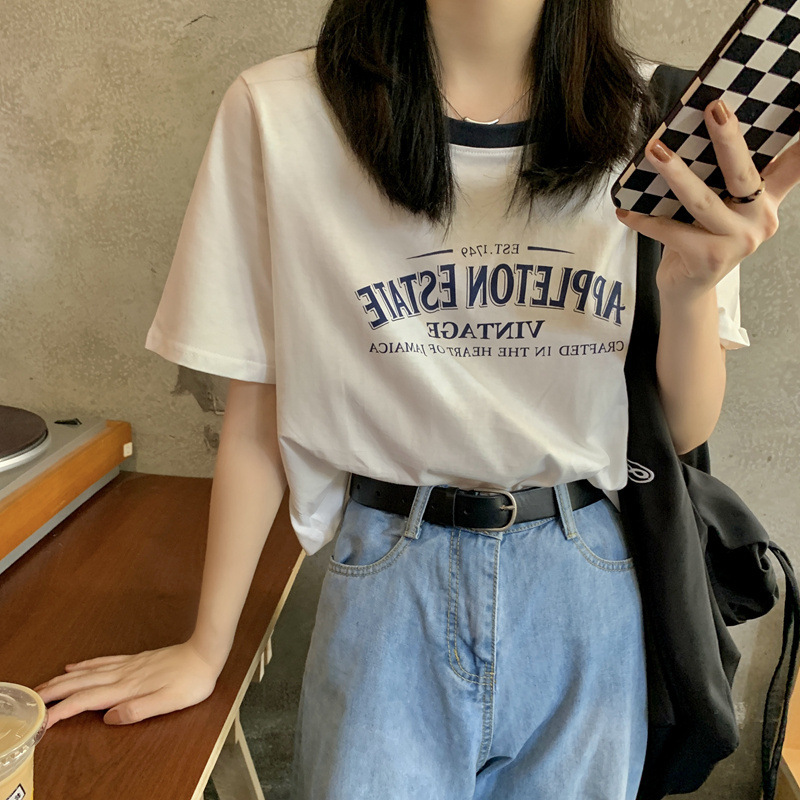 2025S Designer Women S T Shirt American Contrasting Round Neck Sleeved T Shirt For Women S Summer Letter Print Loose Short Student Top Ins
