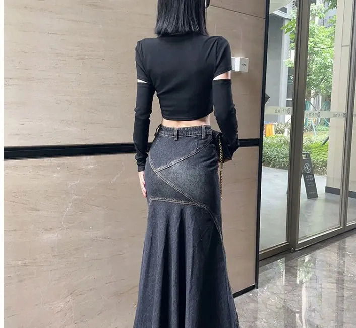 Maxi Skirt Women Casual Mermaid Streatwear High Waist Zipper Denim Skirts Y2k Streetwear Loose Long Mom Jeans Ankle Lenth Summer 250408