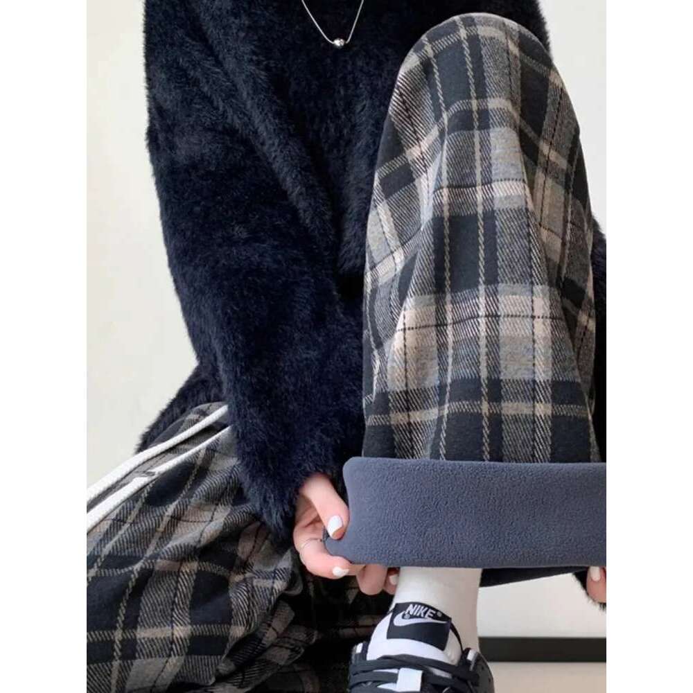 Fluffy Plaid Wide For Women, Autumn And Winter Retro High Waisted Lazy Casual Slim Straight Leg Pants