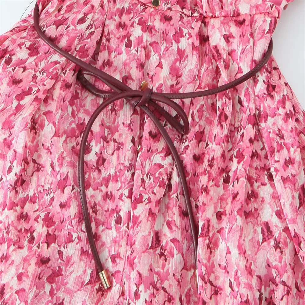 PB ZA Pink Flower Printed Womens Long sleeved Dress with Vneck Belt and Flame Bottom Fashionable Fashion 250409