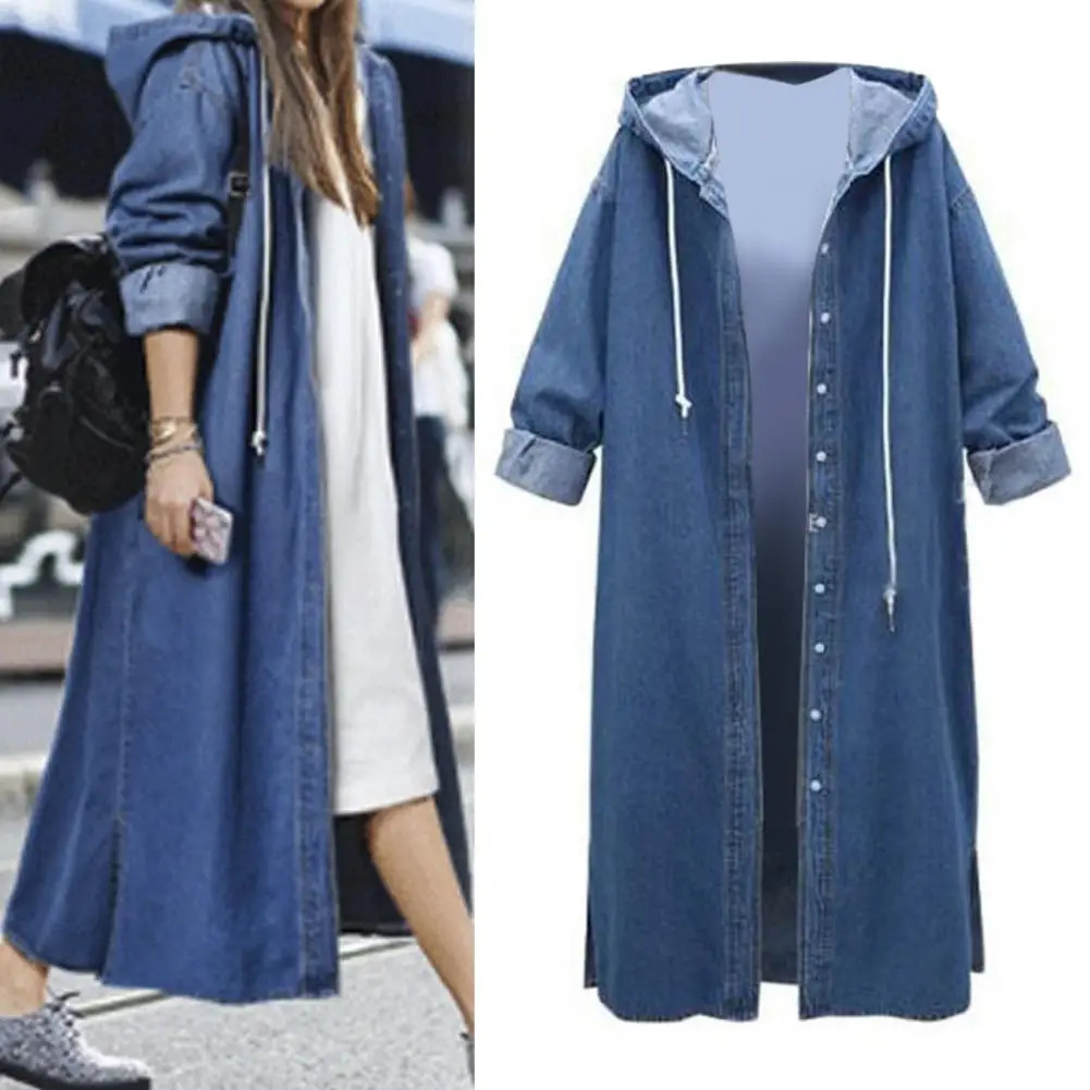 Womens denim jacket full sleeves loose hooded womens long open top single shoulder strap windproof 250409
