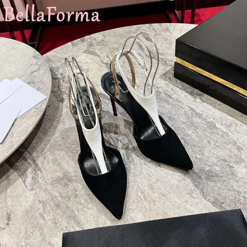 Women's T-Strap Suede Pointed High Heels Color Matching Stilettos Elegant Banquet Party Dress Sexy Fish Mouth Sgback Sandals