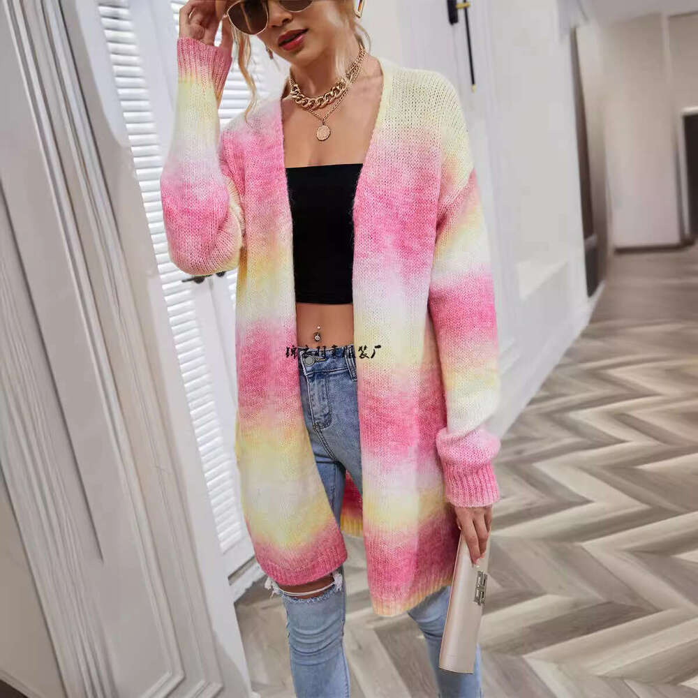 2025 Rainbow Tie-Dye Mid-Length Loose Cardigan women's knitwear Knitted Sweater Coat