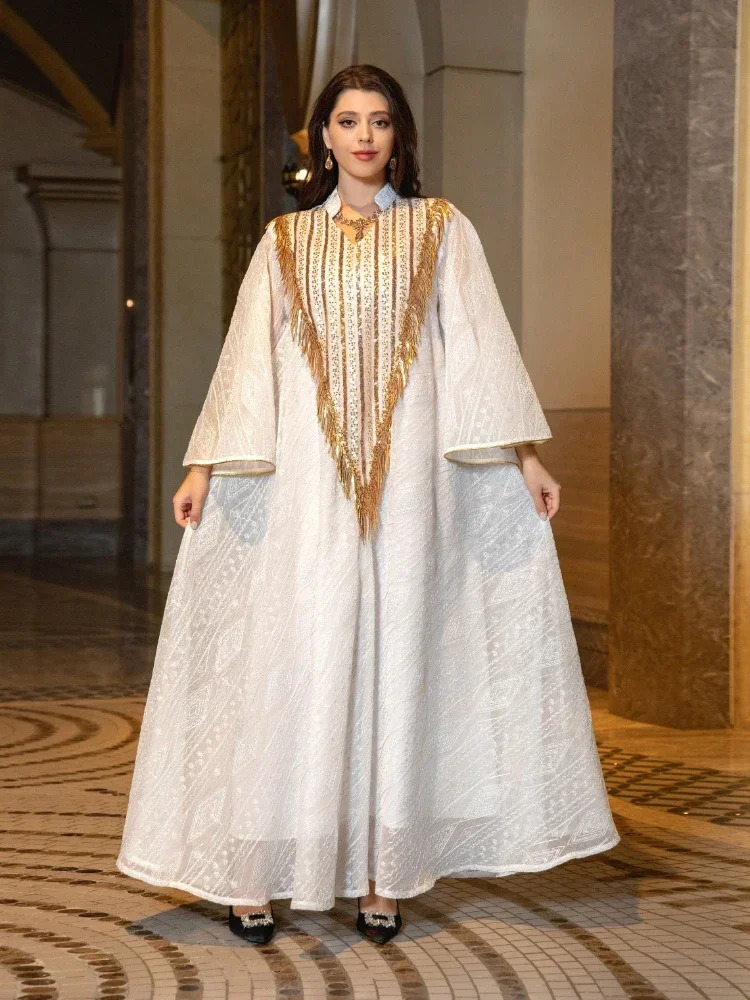 Moroccan womens party dress Muslim Abaya mesh sequins Jalabia Dubai Abayas Kaftan Islamic Vestidos Arab long autumn 250409